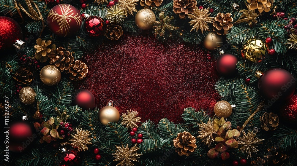 Elegant Christmas Wreath with Red and Gold Ornaments and Decorations Elegant Christmas Wreath with Red and Gold Ornaments and Decorations