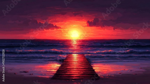 Breathtaking Sunset Over Peaceful Ocean with Wooden Jetty Reflecting the Vivid Sky