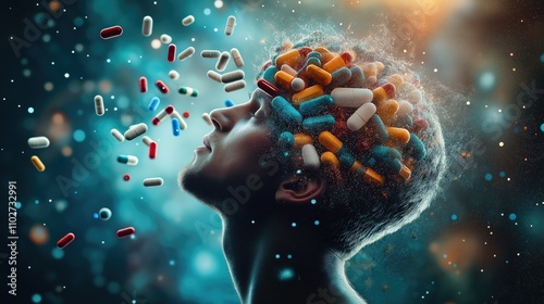 Man's Head with Pills Exiting Brain, Abstract Cosmic Background, Mental Health Medication Concept