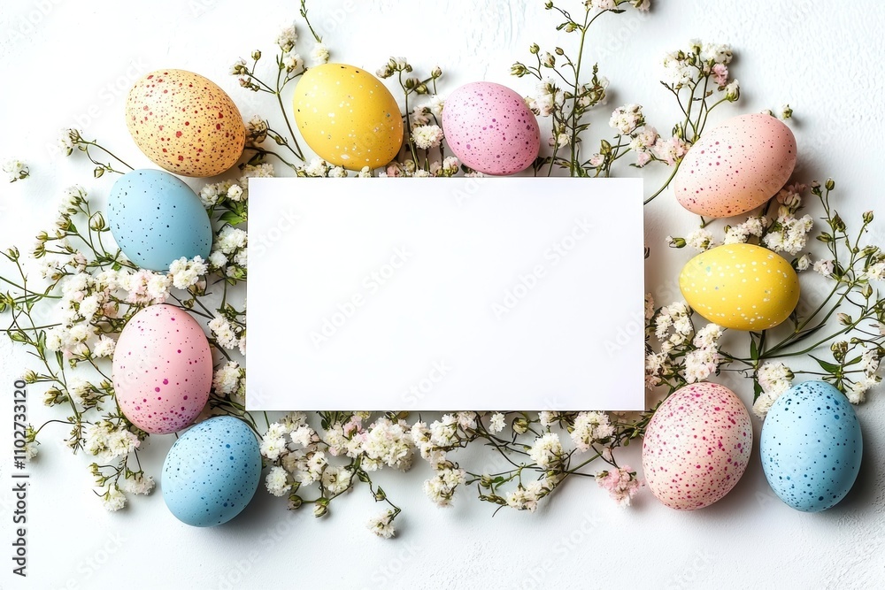 Easter Card Composition with Quail Eggs Flowers and Copy Space for Spring Celebration