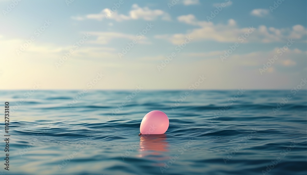 Floating pink object in serene ocean setting nature photography calm waters tranquil atmosphere wide-angle view Floating pink object in serene ocean setting nature photography calm waters tranquil atmosphere wide-angle view