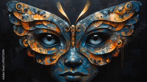 Surreal Butterfly Faced Portrait with Dramatic Blue and Orange Tones Digital
