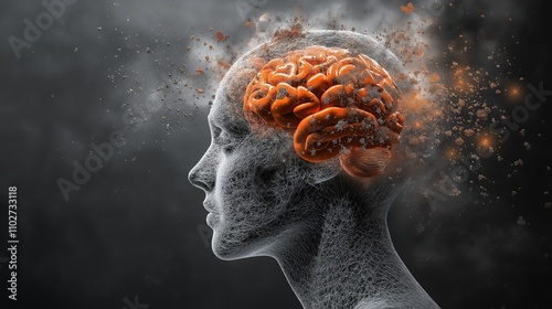 Emotional Depth Illustration: Human Head with Orange Brain, Particles Erupting, Despair Expression, Realistic Detail, Motion Blur, Dark Gray Background.