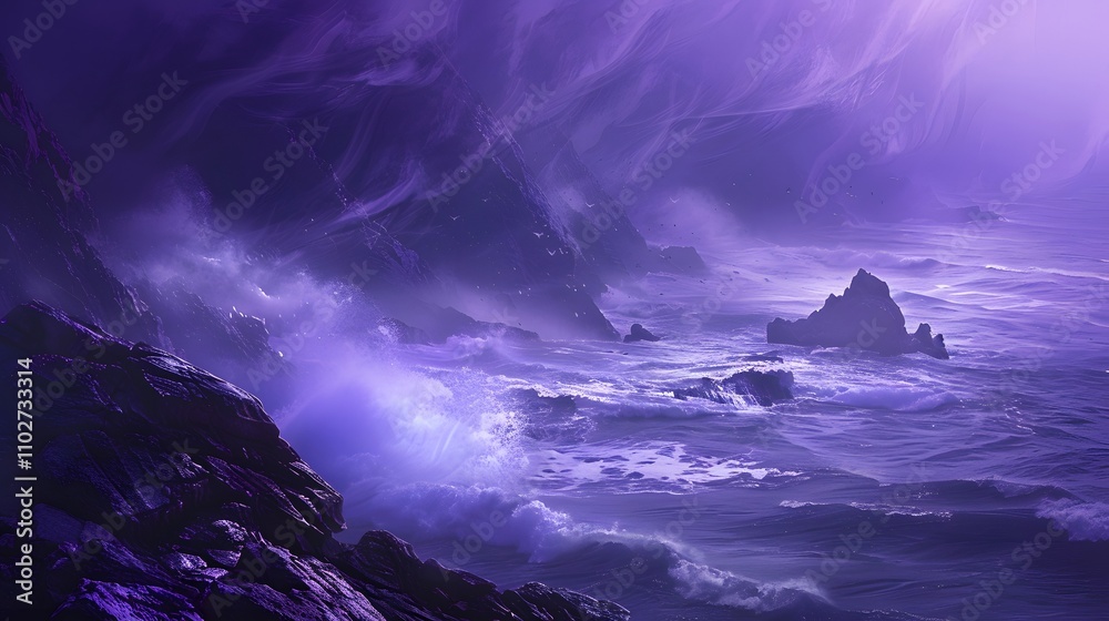 Fototapeta premium Purple Ocean Waves Crashing Against Rocky Cliffs