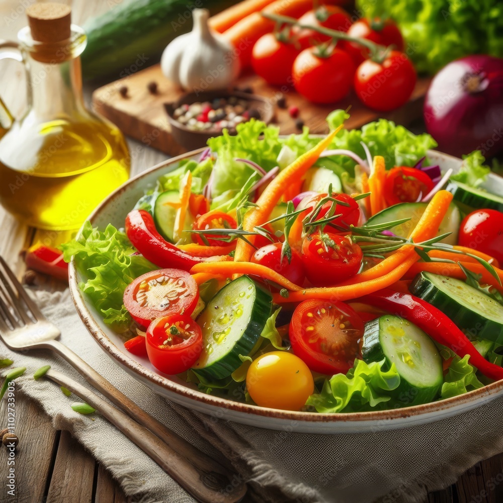 Fresh salad with bright vegetables on a wooden table, with a drop of olive oil. Fresh salad with bright vegetables on a wooden table, with a drop of olive oil.