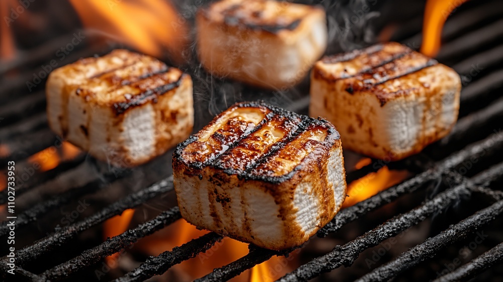 Grilled marshmallows on a barbecue grill with flames. (1) Grilled marshmallows on a barbecue grill with flames. (1)