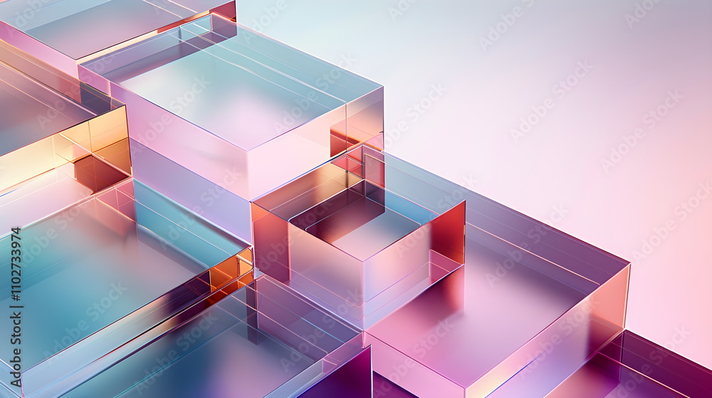 Abstract geometric background with transparent glass blocks made of plexiglass in pink and blue tones. Futuristic neon copyspace banner. Modern technologies. Horizontal banner for template design. Abstract geometric background with transparent glass blocks made of plexiglass in pink and blue tones. Futuristic neon copyspace banner. Modern technologies. Horizontal banner for template design.