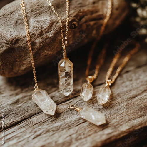 Clear crystal jewelry promoting eco-conscious and natural beauty