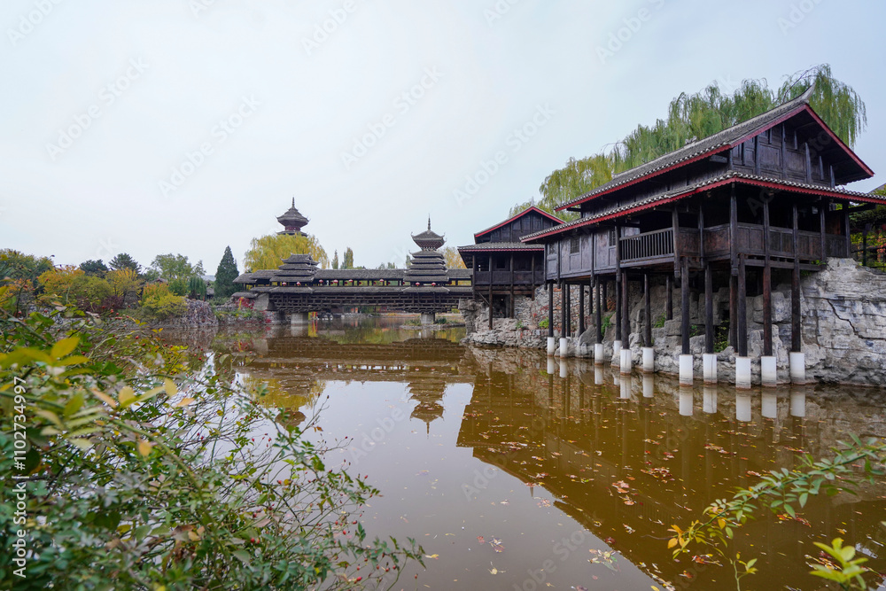 Miaozhai Diaojiaolou and Dong Drum Tower in China Ethnic Museum. Miaozhai Diaojiaolou and Dong Drum Tower in China Ethnic Museum.