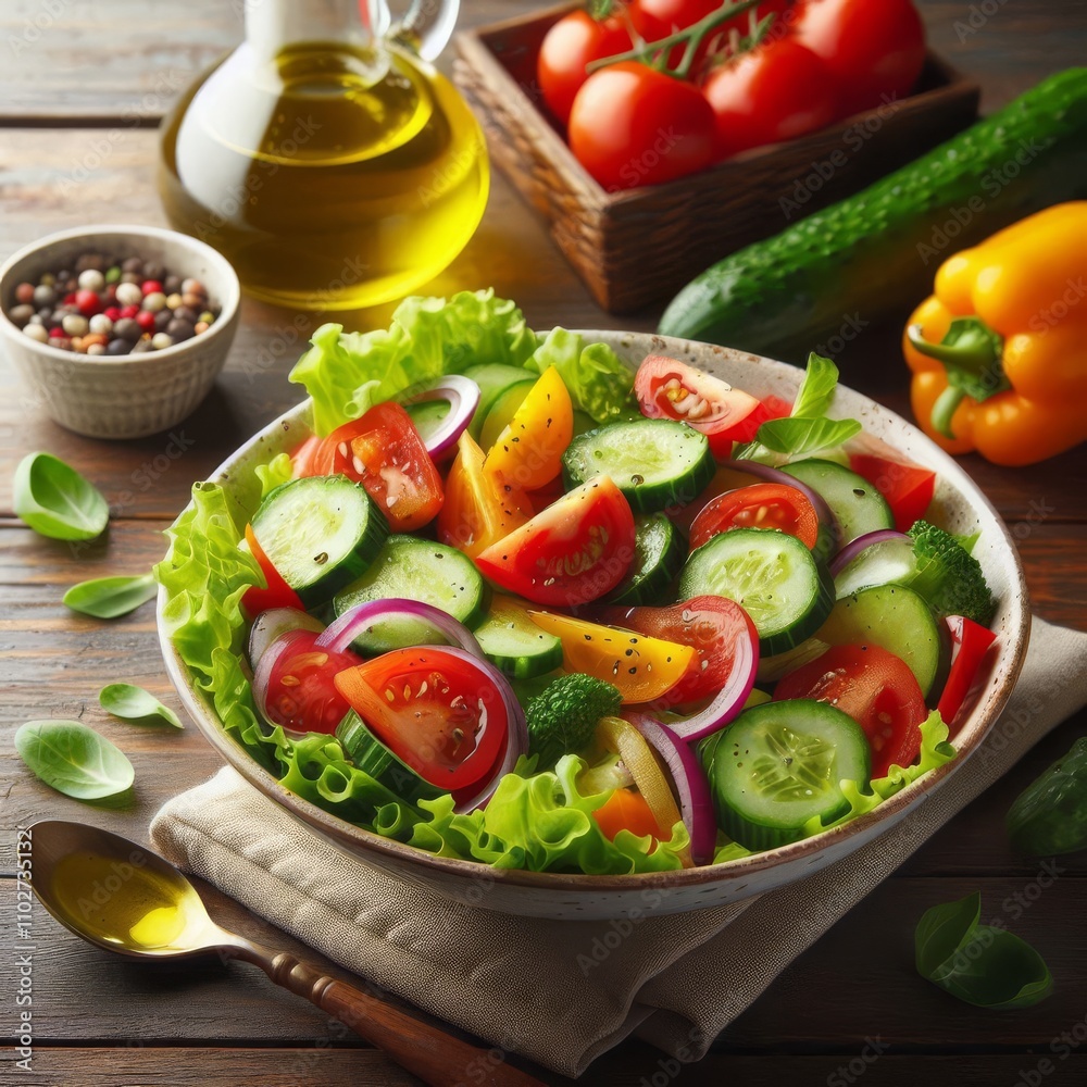 Fresh salad with bright vegetables on a wooden table, with a drop of olive oil. Fresh salad with bright vegetables on a wooden table, with a drop of olive oil.