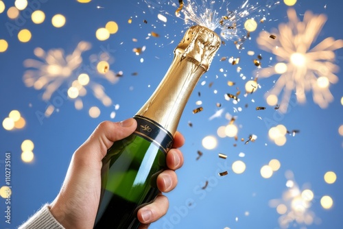 A close-up of a champagne bottle being popped at a birthday celebration, with golden lights in the background photo