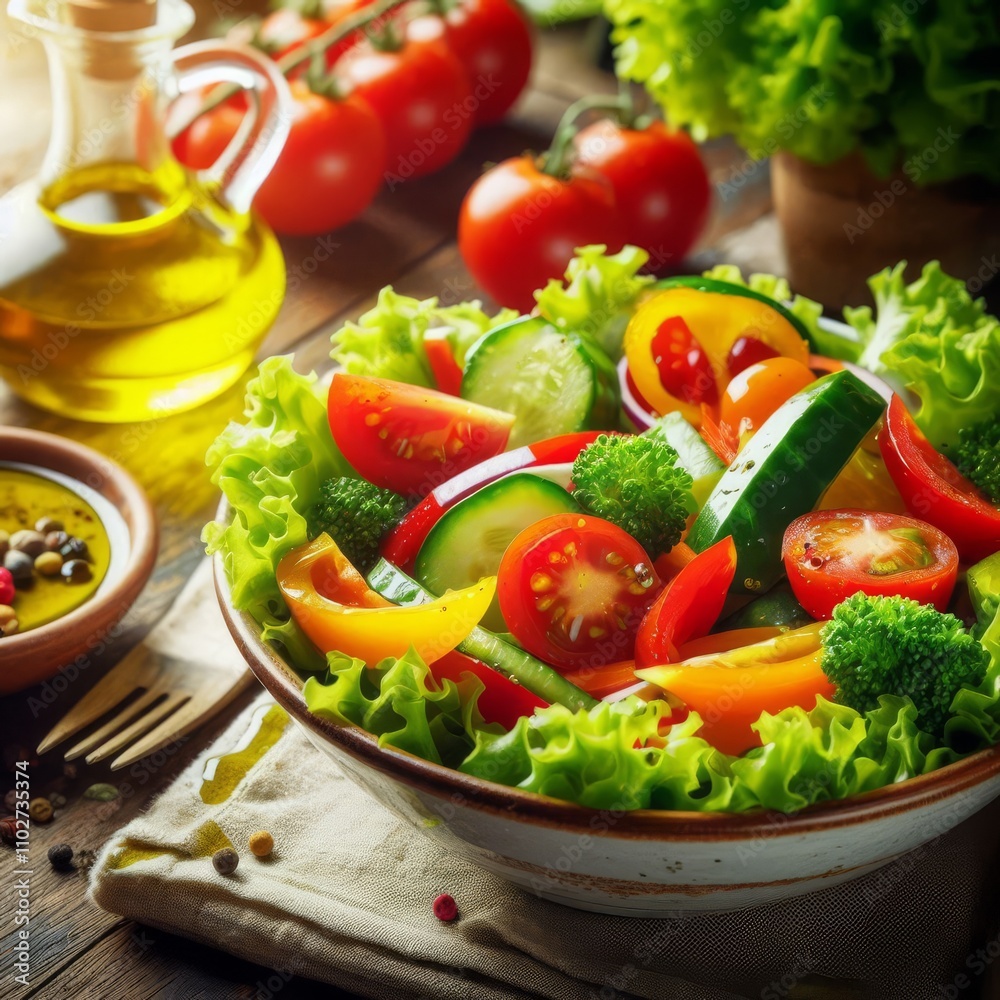 Fresh salad with bright vegetables on a wooden table, with a drop of olive oil. Fresh salad with bright vegetables on a wooden table, with a drop of olive oil.