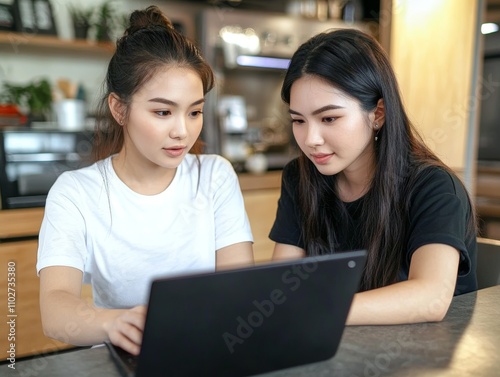 Women Co-Workers Collaborating in Modern Kitchen Using Laptop for Teamwork and Inclusion in Workplace