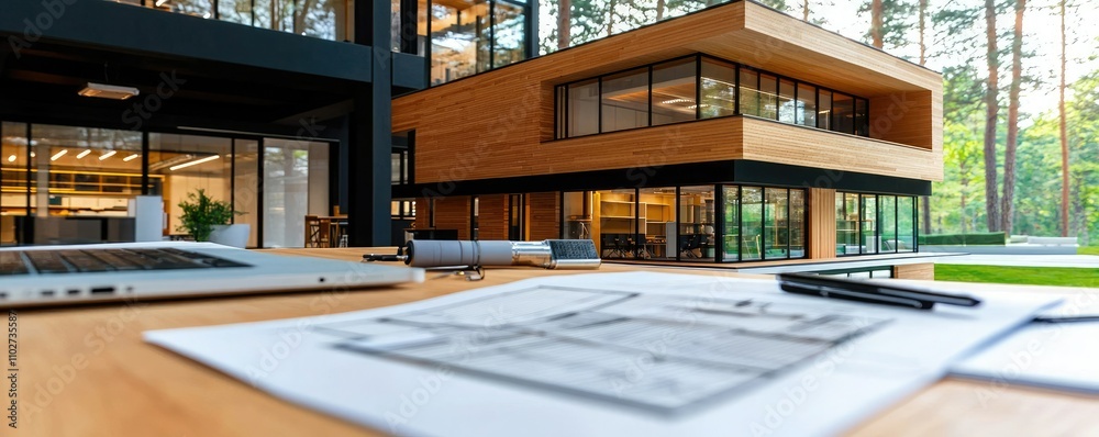 A modern architectural office space with large windows, surrounded by nature, featuring blueprints on a table and a laptop. A modern architectural office space with large windows, surrounded by nature, featuring blueprints on a table and a laptop.