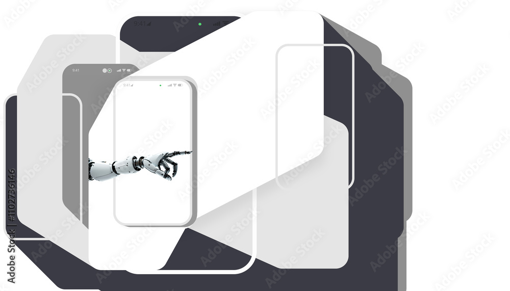 robotic robot arm and hand, pointing, ariticial inteligence on smartphone, phones, displays screens of smartphones on white-light-grey long-shadow robotic robot arm and hand, pointing, ariticial inteligence on smartphone, phones, displays screens of smartphones on white-light-grey long-shadow