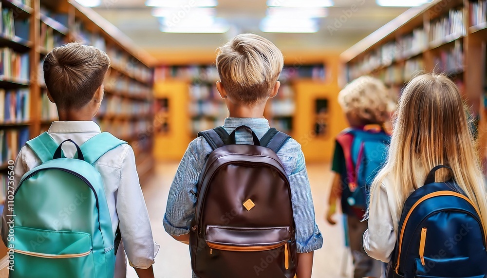 Back View of Children Using a Backpack Going to Library. Back to School Consept. Back View of Children Using a Backpack Going to Library. Back to School Consept.