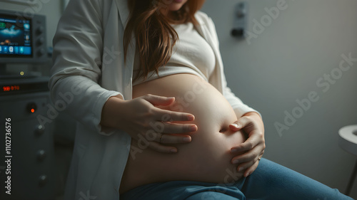 Pregnant woman receiving ultrasound in a clinic