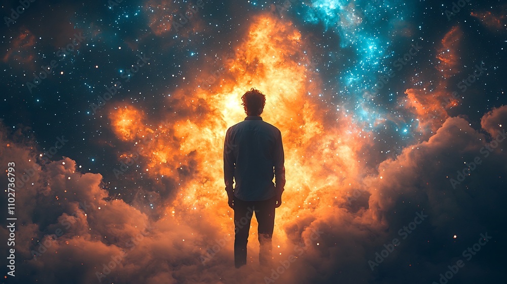 Lone Silhouetted Figure in Cosmic Explosion of Stellar Energy and Galactic Drama Lone Silhouetted Figure in Cosmic Explosion of Stellar Energy and Galactic Drama