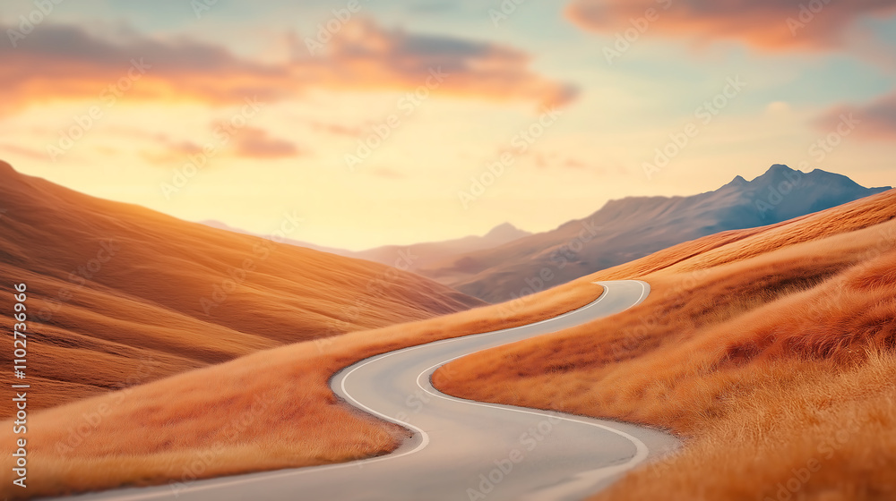 Fototapeta premium A sunrise over rolling hills and country roads symbolizes journey, renewal, and new opportunities, illuminating the world with warmth and inspiration for the day ahead.