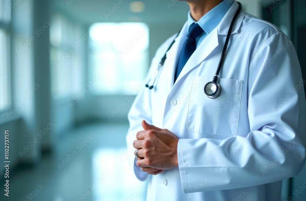 Doctor in white coat with stethoscope, standing on the right, hands clasped, stands in modern medical facility with soft lighting and blurred background. Copy space Doctor in white coat with stethoscope, standing on the right, hands clasped, stands in modern medical facility with soft lighting and blurred background. Copy space