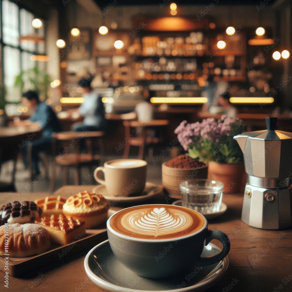 Coffee cup with latte art against the background of a cozy cafe. Coffee cup with latte art against the background of a cozy cafe.