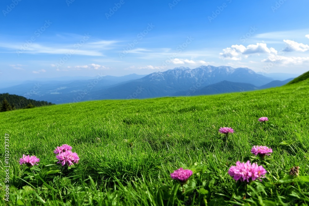 Obraz premium A dreamy watercolor composition of a summer meadow on Bjelasnica, with vibrant flowers and a hazy blue mountain backdrop