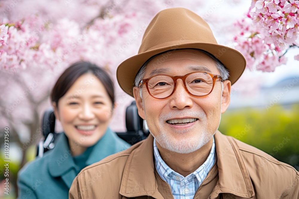 A dynamic outdoor scene of a senior in a wheelchair and a caregiver, with a focus on accessibility, community support, and a happy, bright atmosphere in a Japanese setting A dynamic outdoor scene of a senior in a wheelchair and a caregiver, with a focus on accessibility, community support, and a happy, bright atmosphere in a Japanese setting