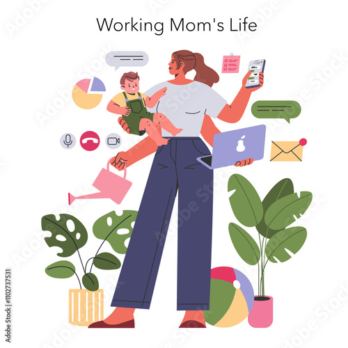 Working Mom Life. Flat Vector Illustration