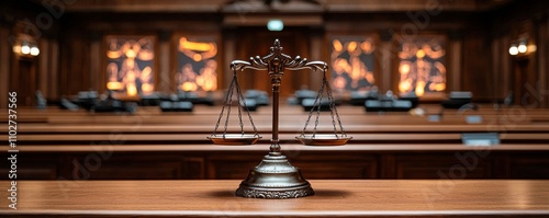 Law, restriction and enforcement concept. A balanced scale sits centrally in a grand courtroom, surrounded by wooden decor and empty benches, symbolizing justice and law. photo