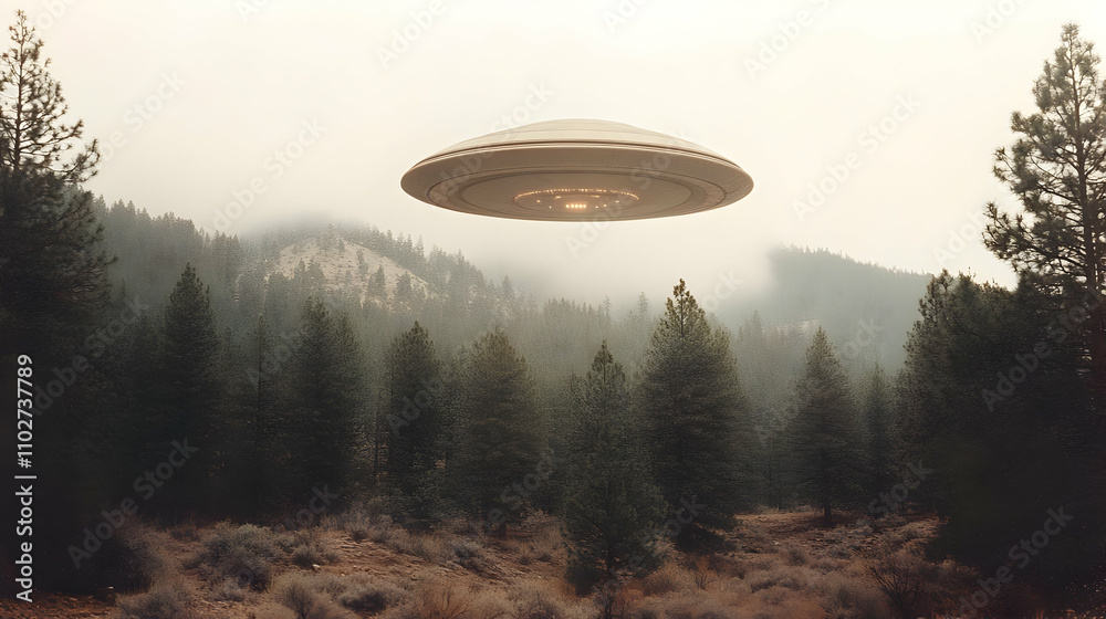 UFO over Misty Pine Forest - Surreal Illustration UFO over Misty Pine Forest - Surreal Illustration