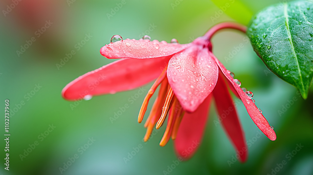 A red flower with water drops blooming in a garden after rain symbolizes the start of new life, growth, and the rejuvenation of nature. A red flower with water drops blooming in a garden after rain symbolizes the start of new life, growth, and the rejuvenation of nature.