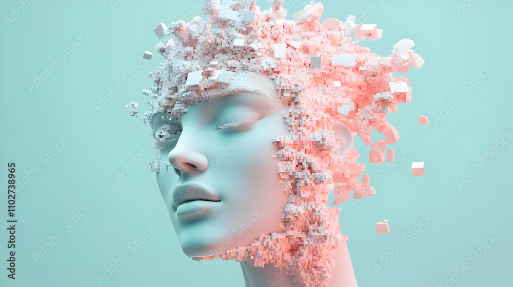 Abstract 3D Render of a Face Disintegrating into Cubes Abstract 3D Render of a Face Disintegrating into Cubes