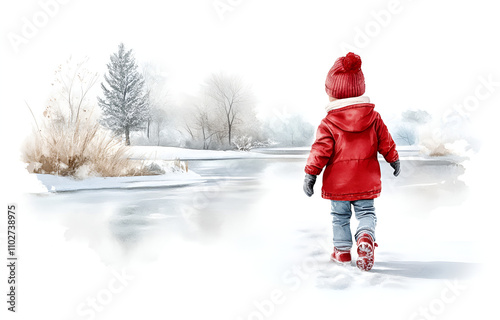 A happy child plays in the snow with their family in a winter wonderland