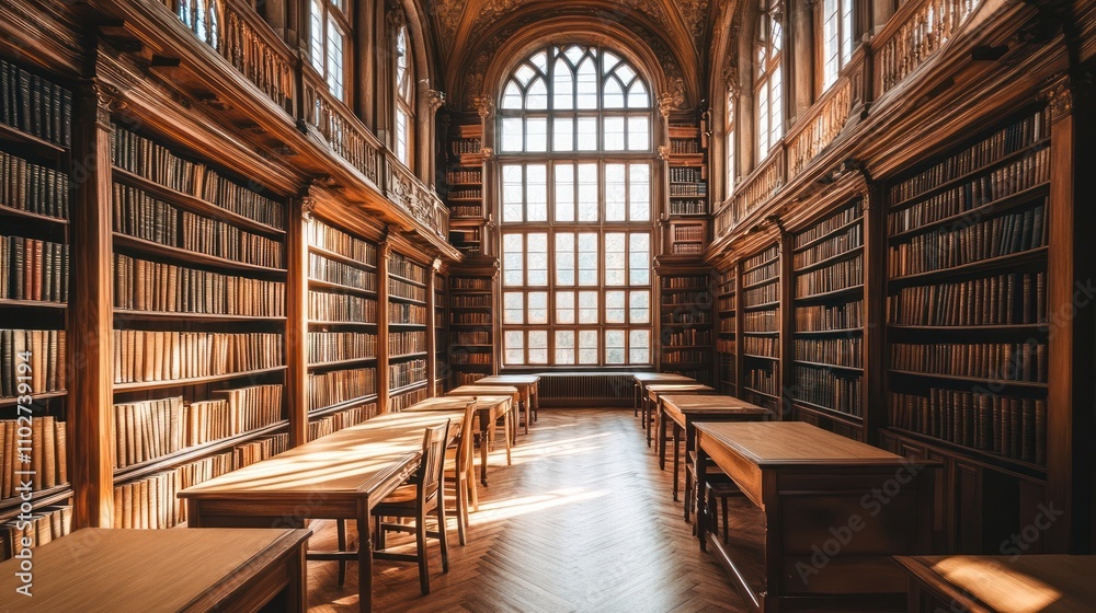 A serene library interior with wooden shelves, tables, and large windows for reading and study. A serene library interior with wooden shelves, tables, and large windows for reading and study.