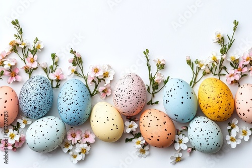 Easter Eggs and Spring Flowers on White Background for Holiday Celebration