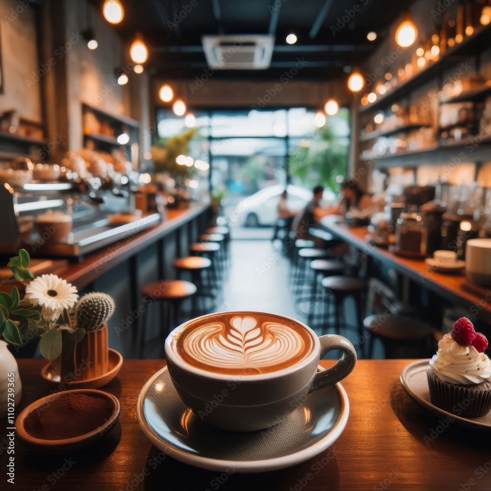 Coffee cup with latte art against the background of a cozy cafe. Coffee cup with latte art against the background of a cozy cafe.