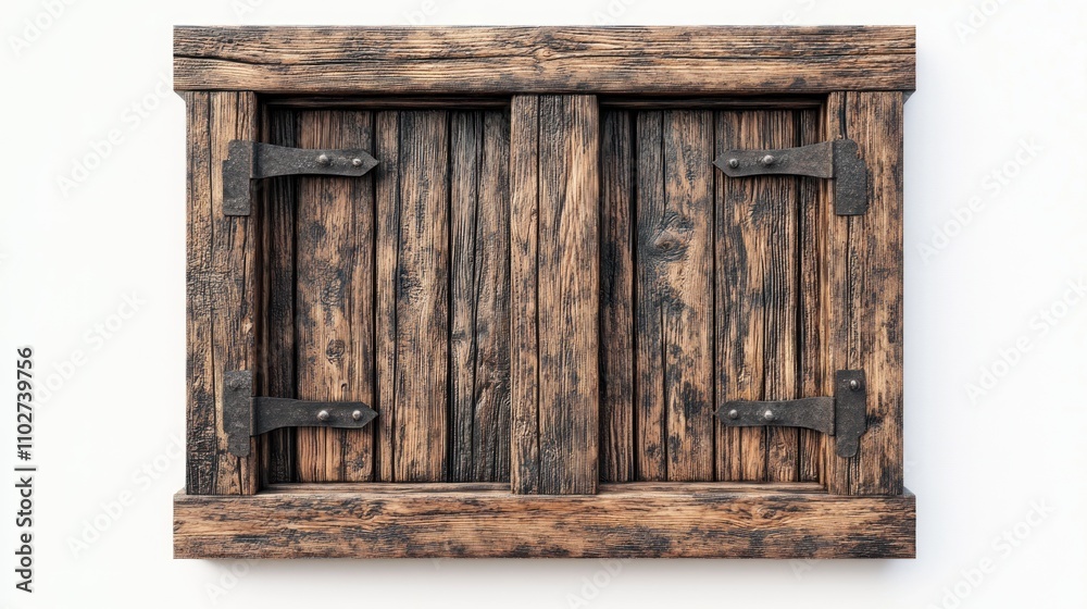 A rustic wooden window with metal hinges, showcasing a weathered design. A rustic wooden window with metal hinges, showcasing a weathered design.