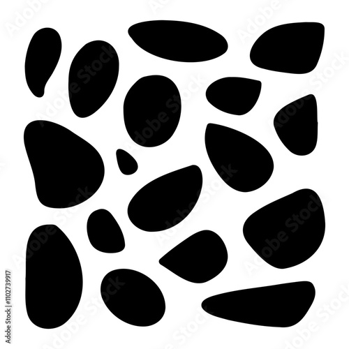 Random organic blobs, Random blots, ink blots, Spot shapes. Splash, spot chart. A drop of liquid, liquid. Pebbles, stone silhouettes.
