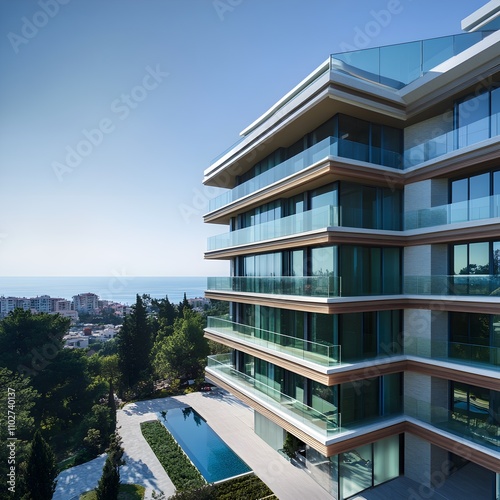 glass balconies on a brand new apartment complex houses with modern architecture near the sea the building s facade is heavily glassed