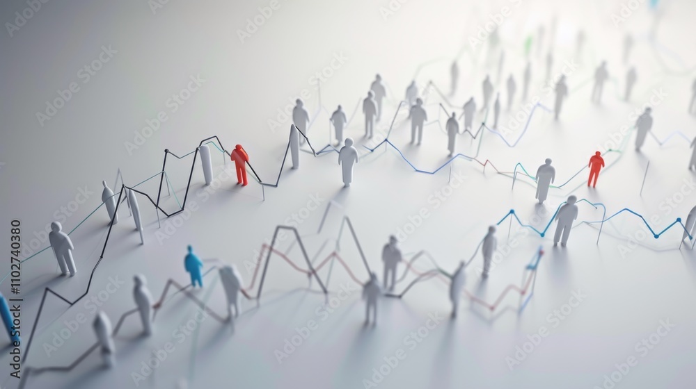 A dynamic visual featuring small figures interacting with fluctuating data lines, symbolizing trends, analysis, and statistics in a minimalistic style. AI generated. A dynamic visual featuring small figures interacting with fluctuating data lines, symbolizing trends, analysis, and statistics in a minimalistic style. AI generated.