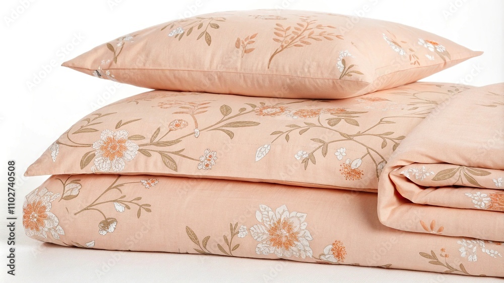 Peachy hue linen bedding with delicate floral patterns, soft peach bedding, romantic bed linens, linen fabric, peach colored linens Peachy hue linen bedding with delicate floral patterns, soft peach bedding, romantic bed linens, linen fabric, peach colored linens