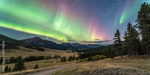 Philipsburg Montana landscape under Northern Lights display, moonlight, montana landscape, mountain range