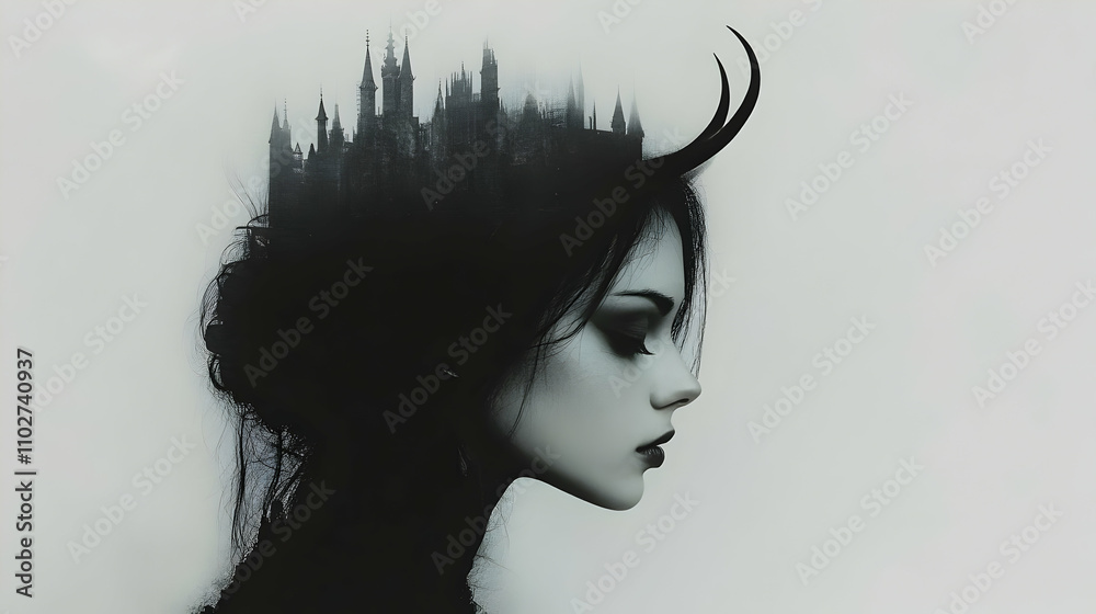 Dark Fantasy Castle Illustration, Woman Profile Dark Fantasy Castle Illustration, Woman Profile
