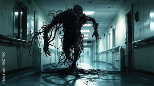 Full cinematic shot of a Cancer demon, a shadowy, hulking figure with sharp, tendrils growing uncontrollably from its body, spreading across  photo