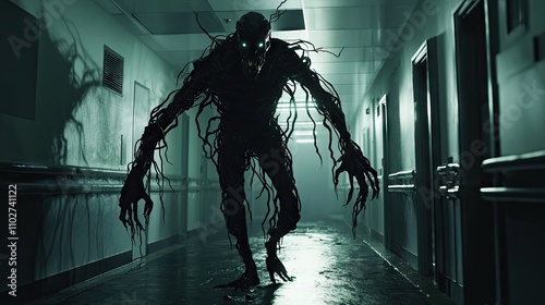 Full cinematic shot of a Cancer demon, a shadowy, hulking figure with sharp, tendrils growing uncontrollably from its body, spreading across 