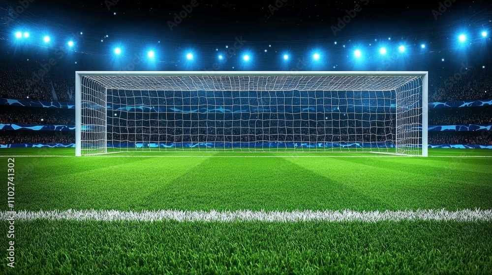 Fototapeta premium Soccer Stadium Scene with Goalpost and Cheering Fans in Bright Lights