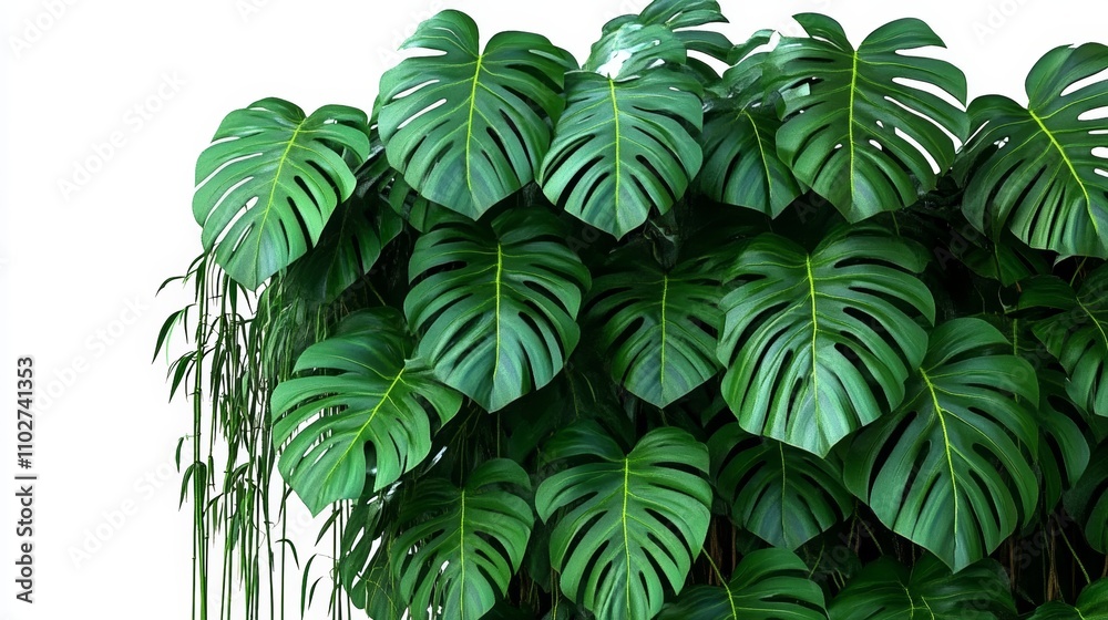 Lush Green Monstera Leaves with Glossy Split Foliage on White Background with Hanging Bamboo Stalks Lush Green Monstera Leaves with Glossy Split Foliage on White Background with Hanging Bamboo Stalks
