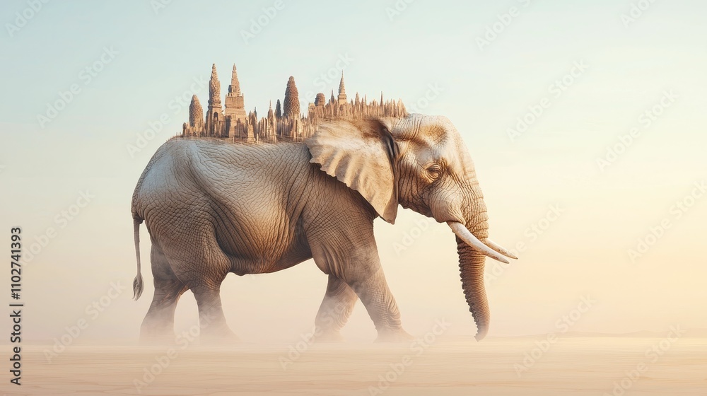 Fototapeta premium biodiversity loss species concept, A surreal image of an elephant walking through a desert, carrying a cityscape on its back, blending nature and architecture in a dreamlike scene.