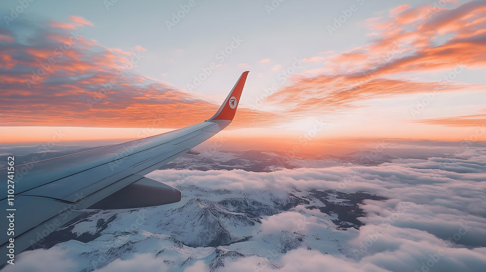 Aerial View Airplane Wing Sunset Cloudscape Aerial View Airplane Wing Sunset Cloudscape