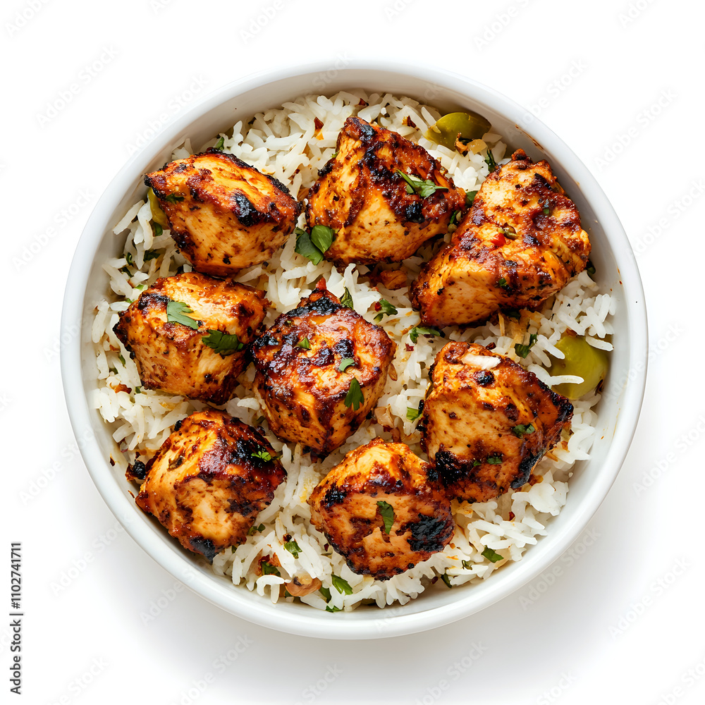 Delicious grilled chicken pieces served over fluffy white rice. A simple yet satisfying meal. Delicious grilled chicken pieces served over fluffy white rice. A simple yet satisfying meal.